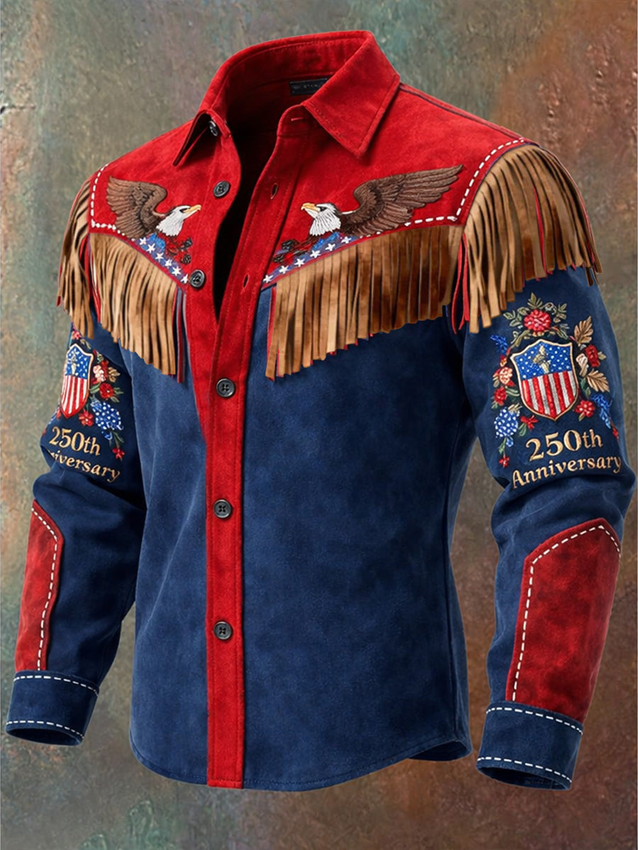 Men's Retro Western Style Art Print Vintage Tassel Casual Long Sleeve Shirt